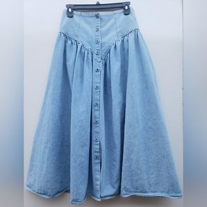 Denim Maxi Skirt Vintage light wash cottage core Prarie Button-down womens 7